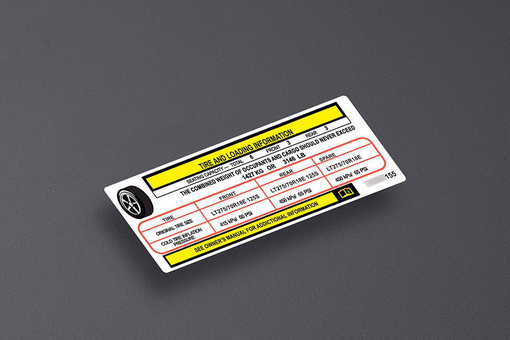 Custom CHEVROLET, Ford, Tire Pressure and Loading Information Sticker