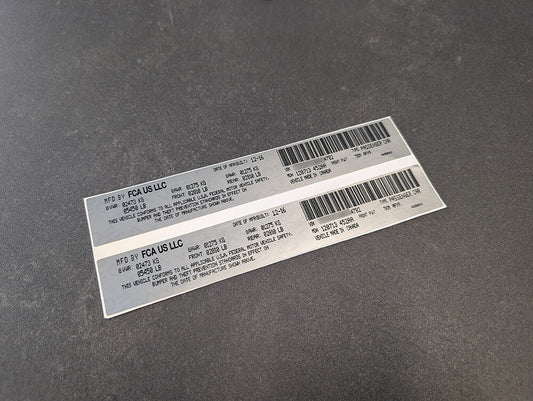 FCA CHRYSLER Custom Decal Sticker ID Label Tire Loading Information VIN