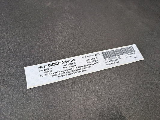 FCA CHRYSLER Custom Decal Sticker ID Label Tire Loading Information VIN
