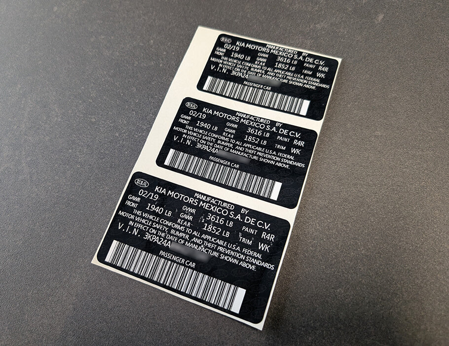 Custom Vehicle vin label stickers