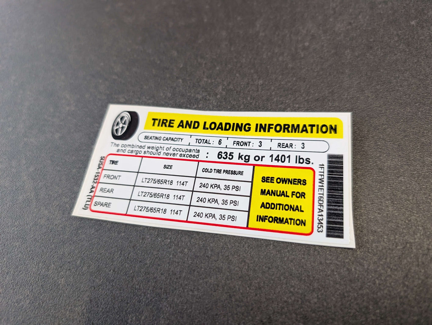 Custom CHEVROLET, Ford, Tire Pressure and Loading Information Sticker